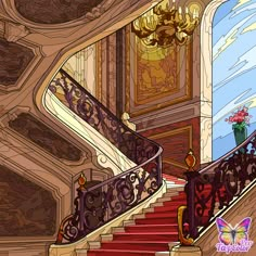 a staircase with chandelier and red carpeted stairs