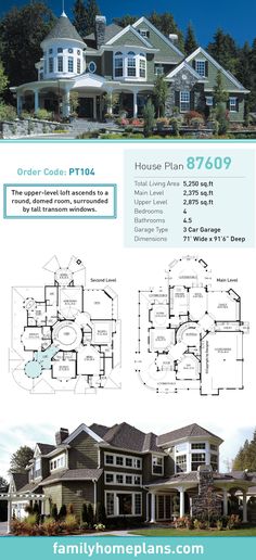 two story house plans with large windows and lots of room in the front, side and back