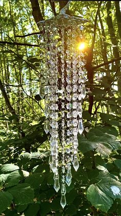 a crystal chandelier hanging from a tree in the woods with sun shining through it