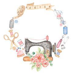 a watercolor drawing of sewing equipment and flowers