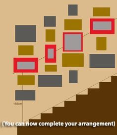 a stair case with squares and rectangles on the wall above it that says, you can now complete your arrangement