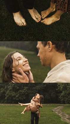 two people standing in the grass with their hands on each other's face and one holding