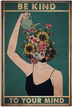 a woman with flowers on her head holding a watering can in front of her face