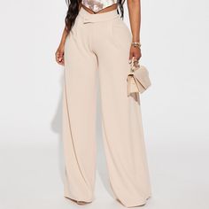 New Trousers Trendy High Waist Wide Leg Pants For Date Night, Chic High Waist Solid Color Pants, Chic Beige Party Pants, High-waisted Solid Color Pants For Day Out, Spring Date Night Pants With Pockets, Wide-leg Pants For Date Night Summer, Summer Wide-leg Pants For Date Night, Chic Dress Pants With Solid Color, Chic Solid Color Pants For Party