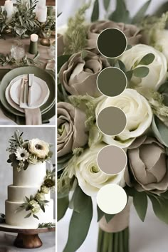 a collage of photos with flowers and greenery on the top, in different colors