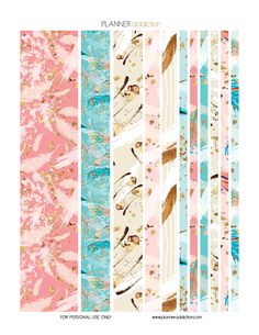 four different colored papers with gold, blue and pink designs on them that say planner collection