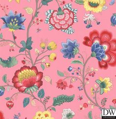 a pink wallpaper with colorful flowers and butterflies on the top, in various colors