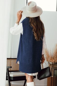 Dark Blue Knit Vest Pullover Sweater Blue V-neck Sweater Vest For Fall, Blue Knit Sweater Vest For Fall, Oversized Knit Sweater Vest For Fall, Blue Sweater Vest For Fall, Blue Knit Outerwear For Cold Weather, Knit Sweater Vest For Fall, Casual Soft Knit Sweater Vest For Winter, Fall Knit Sweater Vest, Casual Winter Sweater Vest