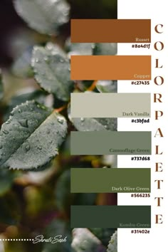 Earthy tones for #homedecor #fashion #design #interiordesign #branding #webdesign #wedding #logo #moodboard #visionboard #digitalart.  It contains #Russet #Copper #Darkvanilla #Camouflagegreen #darkolivegreen #kombugreen. Contains #hexcodes #8a4d1f  #c27435 #c3bfad #737d68 #566235 #31402e Green And Leather Color Palette, Green And Brown Colour Scheme, Green Earthy Colour Palette, Green Grey Orange Color Palette, Copper Green Color Palette, Green Copper Color Palette, Cozy Green Color Palette, Green And Brick Color Palette, Terracotta And Olive Green Color Palette