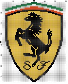 a cross stitch pattern with the ferrari logo in black and yellow, on a white background