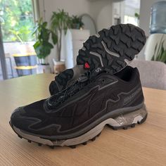 Very Lightly Used Black Trail Running Shoes With Abzorb Midsole For Outdoor, Black Dynamic Trail Running Shoes With Ventilation, Black Trail Running Shoes With Ventilation For Streetwear, Black Trail Running Shoes With Ventilation, Salomon Shoes, Shoes Men, Mens Shoes Sneakers, Black Grey, Black Gray