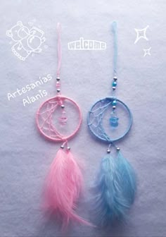 two different colored feathers are hanging from the same hook on a white sheet with words welcome to artesania's alamns