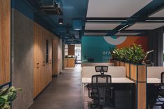 an empty office with blue walls and wood paneling, along with plants on the desks