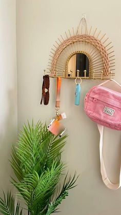 there is a pink purse hanging on the wall next to a potted palm tree