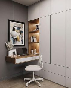 a white chair sitting in front of a desk