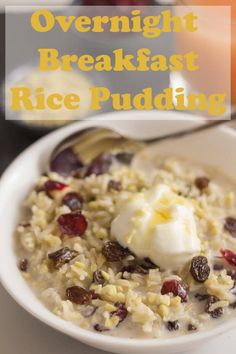 overnight breakfast rice pudding in a white bowl