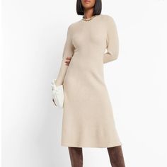 Has Never Been Worn Or Washed. Brand New Without Tags Fitted Beige Sweater Dress For Work, Chic Beige Midi Length Sweater Dress, Chic Neutral Winter Dress, Chic Neutral Dresses For Winter, Elegant Neutral Sweater Dress For Fall, Chic Midi Sweater Dress For Daywear, Neutral Long Sleeve Winter Dress, Winter Daywear Midi Length Dresses, Elegant Beige Midi Sweater Dress