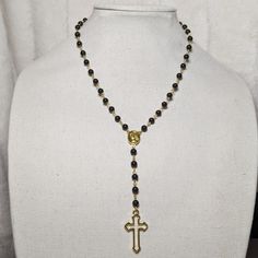 Gold Hollow Cross Gothic Grunge Emo Black Beaded Rosary Necklace Measures Approximately 18 Inches With A Lobster Clasp And 1.5 Inch Extension Chain Black Beaded Cross Necklace, Black Beaded Cross Rosary, Cheap Handmade Black Rosary, Rosary Necklace Black Gold, Gold Rosary Necklace, Gothic Black Beaded Necklace, Gold Rosary, Rosary Necklace, Accessories Jewelry Necklace