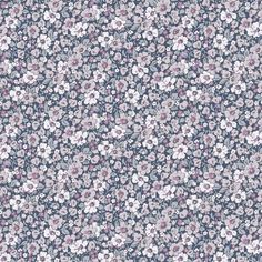 a blue and white flowered background with small pink flowers