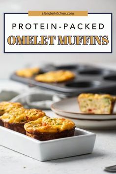 some muffins are sitting on a plate with the words protein - packed omelet muffins