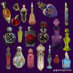 an assortment of different colored glass perfume bottles on a purple background with the words antique