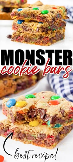 monster cookie bars stacked on top of each other with the words monster cookie bars overlay