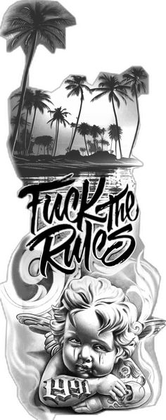 a black and white drawing of a lion with palm trees in the background that says truck me ride