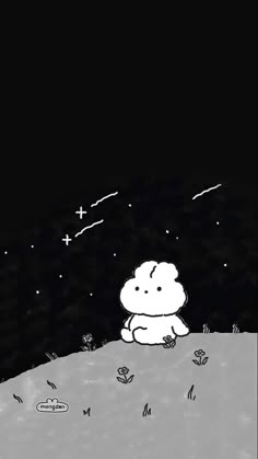 a black and white drawing of a dog sitting on the ground at night with stars in the sky