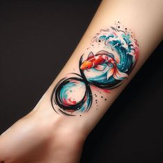 an artistic tattoo on the arm of a woman's foot, depicting two koi fish