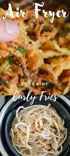 an air fryer with noodles in it and the words, zucchini curly fries