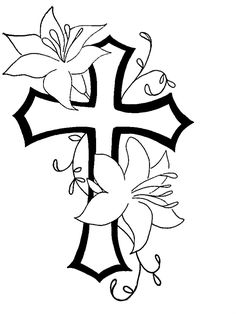 a cross with lilies on it and the word jesus above it is written in black ink