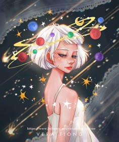 a girl with white hair and stars around her head