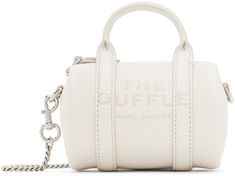 Grained leather shoulder bag in off-white. · Twin rolled carry handles · Detachable curb chain crossbody strap · Logo and text embossed at face · Logo patch at back face · Zip closure · Logo-engraved silver-tone hardware · H3 x W4.5 x D3 Supplier color: Cotton/Silver Arm Candies, Christmas Break, Face Logo, White Purses, Pretty Bags, Birthday Wishlist, Silver Engraving, Baddie Outfits Casual, Baddie Outfits