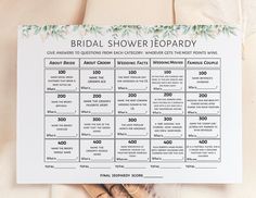 Bridal shower game - Bridal Jeopardy Printable bridal shower games greenery design. It`s also fun wedding shower game or bachelorette party game that help to entertain guests. Digital download. This game has 20 questions in five categories of 4 questions each. The first and second categories are about the bride and groom, you will need to ask them for answers in advance to prepare for the game Bridal shower game can be printed: - 1 game on one sheet 8,5x11" size - 2 games on one sheet 8,5x11" le Wedding Shower Jeopardy, Jeopardy Bridal Shower Game, Bridal Jeopardy Questions And Answers, Bridal Jepordy Shower Questions, Wedding Jeopardy Questions, Bachelorette Jeopardy Questions, Bridal Shower Jeopardy Questions, Bridal Jeopardy Questions, Bridal Shower Jeopardy