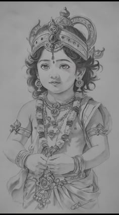 a pencil drawing of a girl in traditional garb