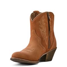 Make any outfit instantly cooler with this fashion-forward suede bootie. With a side zip for ease and a low heel for just a little height, it adds Western flair to everything you pair it with (cutoffs, jeans, dresses, you name it). Harlan Western Boot | Product Features : 0 : 4LR™ technology provides lightweight support and stability, 1 : Removable All Day Cushioning insole, 2 : Duratread™ sole provides maximum wear resistance, 3 : Three-row stitch pattern, 4 : Ariat is including you in its dedi Fall Suede Moto Boots With Snip Toe, Suede Snip Toe Moto Boots For Fall, Western Style Suede Boots With Low Heel, Western Ankle Boots With Zipper Closure, Western Style Low Heel Suede Boots, Western Boots With Zipper Closure, Western Fitted Boots With Zipper Closure, Fitted Western Boots With Zipper Closure, Suede Boots With Zipper Closure Medium Width