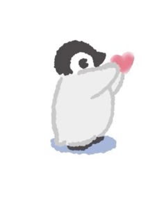 an image of a penguin with a heart in its mouth and one hand up to the side