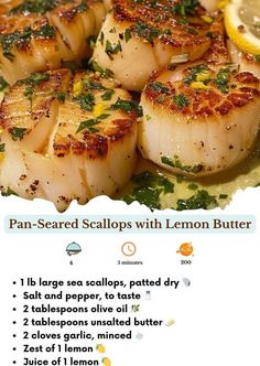 some scallops are sitting on a plate with lemon slices