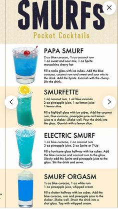 the cocktail menu for smurfs is shown in three different colors, including blue and green