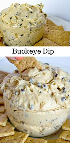 two pictures with crackers and dip in them