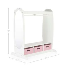 a white vanity with three pink drawers and a mirror on the top, measurements for each drawer