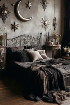 a bed room with a neatly made bed and stars on the wall