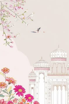 an illustration of a white building with pink flowers in the foreground and a bird flying over it