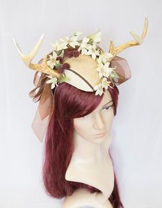 Celebrate your inner frilly floral fauna Goddess with this awesome headdress! Super sturdy and well made. Lovely attention to detail.  Comfortable to wear, easy to secure with our elastic loop strap. One of a kind original design.  Ready to ship! Antler Flower, Antlers Headband, Antler Headband, Nature Fashion, Ribbon Headbands, Fancy Hats, Deer Antler, Costume Hats, Deer Antlers