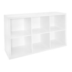 a white bookcase with six compartments on the front and one section open to show it's contents