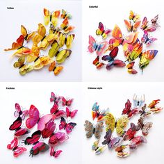 three pictures of different colored butterflies on a white background