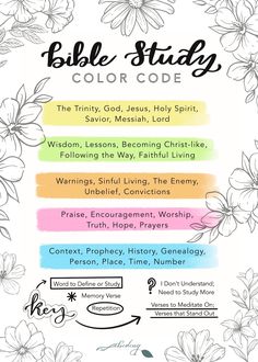 the bible study color code with flowers and words on it in black, white, blue,