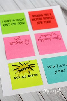 colorful post it notes with words on them that say, we are special and happy