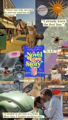 the collage has many different pictures and words on it, including an image of a cat