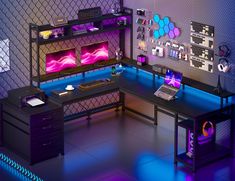 a computer desk with purple lighting in a room